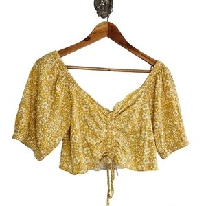 Bohemian floral milkmaid white and mustard  puffy sleeves crop top size XL